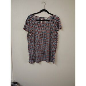Liz Claiborne Womens XL Red Blue White Chevron Leaf Print Keyhole Back Knit Top